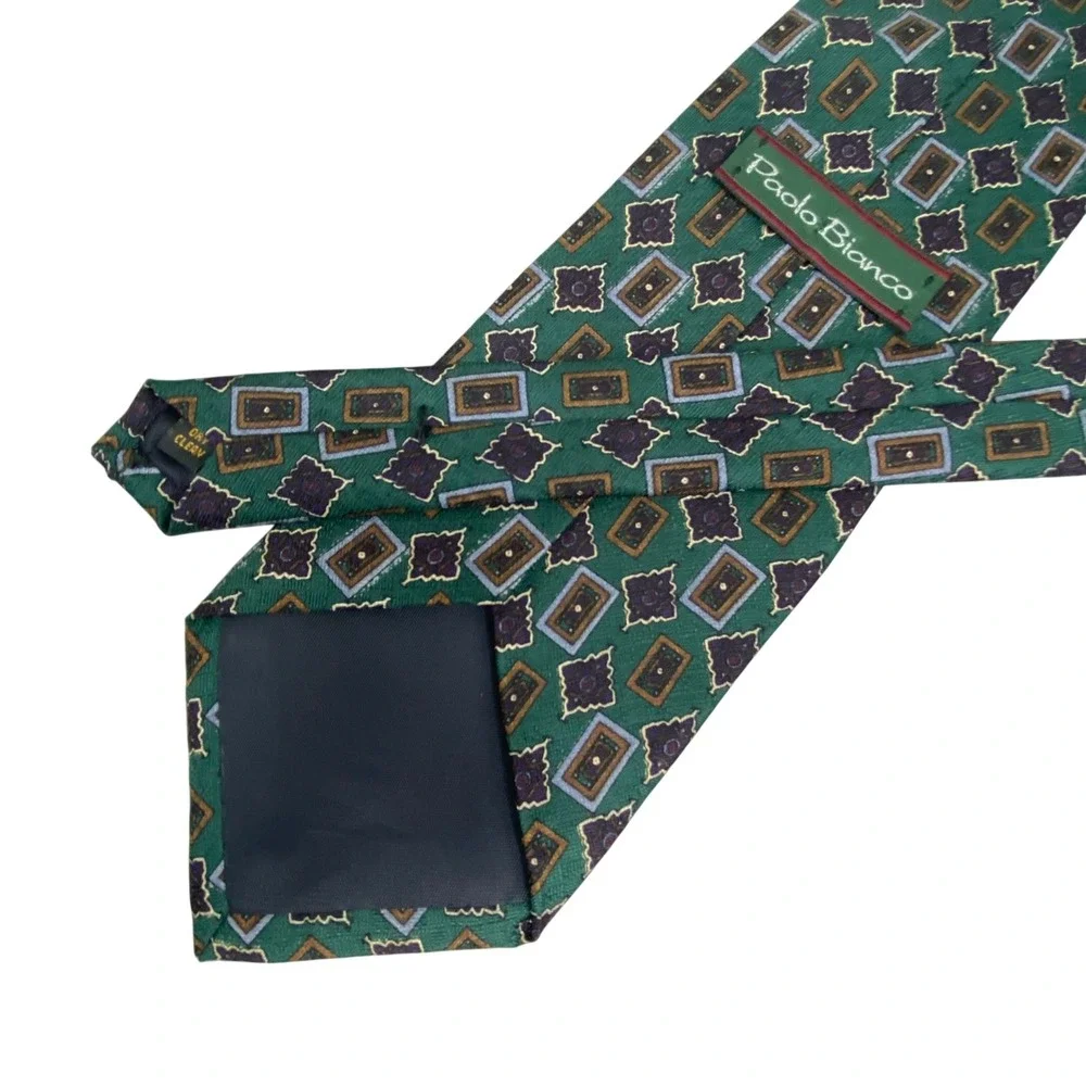 VTG Paolo Bianco Necktie Mens Geometric‎ Medallion Silk Green Dark Academia 55x4